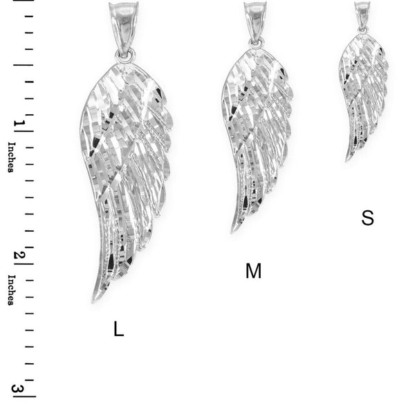 14k Solid White Gold Large Angel Wing Pendant Necklace