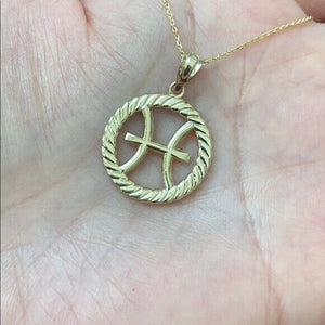 10K Solid Gold Pisces Zodiac Sign Circle Rope Pendant Necklace 16" 18" 20" 22"