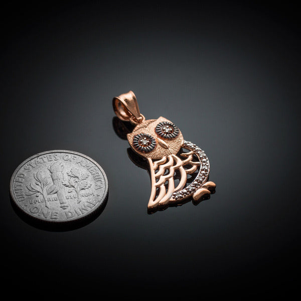 14K Solid Gold Bohemian Owl Diamond Pendant Necklace - Yellow, Rose, or White