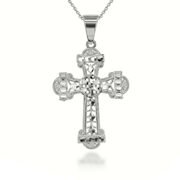 10K Solid Gold Sparkle Cut Filigree Ornate Cross Pendant Necklace