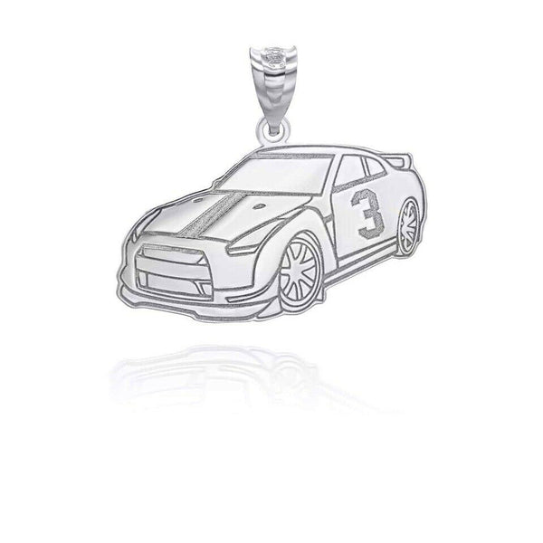 Personalized Engrave Name Silver Reversible Race Car Pendant Necklace