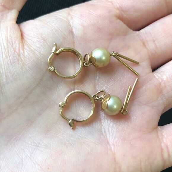 Small 14K Yellow Gold Fresh Water Pearl Dangle Earrings