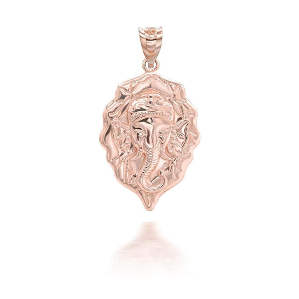10K Solid Gold Hindu Lord Ganesha Elephant Pendant Necklace Yellow, Rose, White