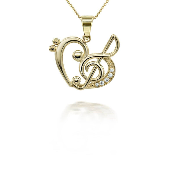 10K Solid Gold Music Heart Treble Clef Pendant Necklace - Yellow, Rose, or White