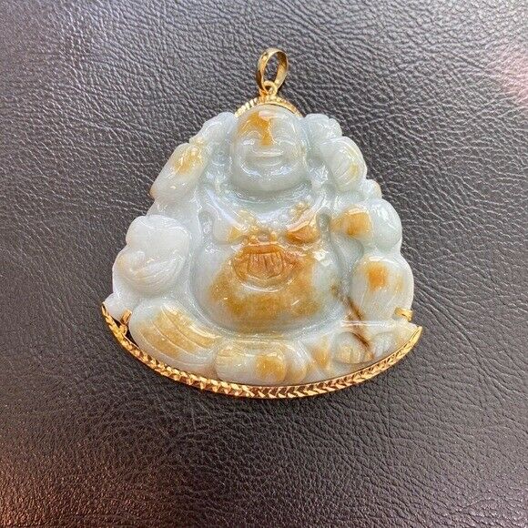 14K Gold Carved Natural Jadeite Jade Laughing Buddha Pendant Big Heavy Buddhist