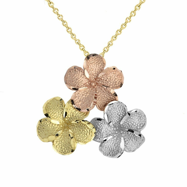 14K Solid Gold Plumeria Flowers In Tri Color Pendant Necklace.