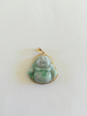 18K Solid Yellow Gold Happy Laughing Male Buddha Natural Jade Pendant