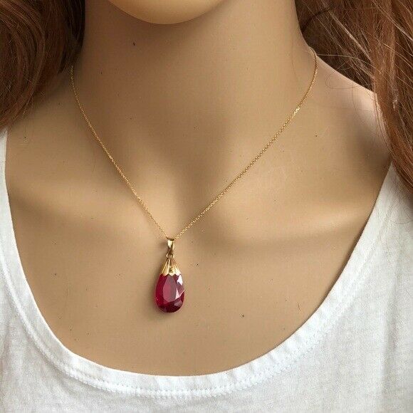 14K Solid Gold Red Teardrop Pendant / Charm Dainty Adjustable Necklace 16"-18"