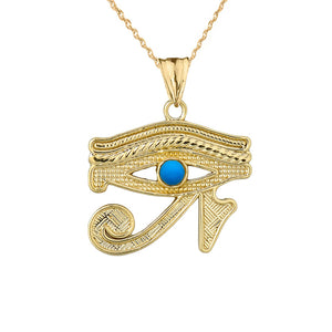 14k Solid Yellow Gold Eye of Horus (Ra) with Turquoise Stone Pendant Necklace