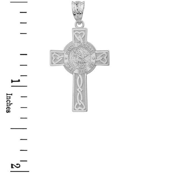 14k White Gold Saint St. Michael Pray For Us Celtic Heart Cross Pendant Necklace