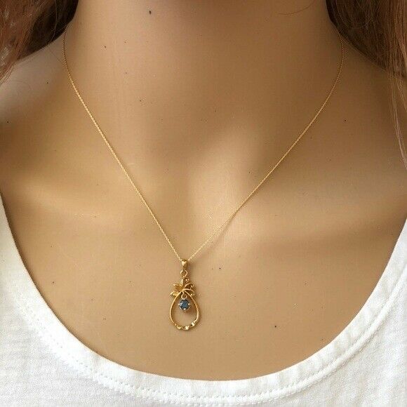14K Solid Gold Sapphire Dangle Pendant Dainty Necklace - Minimalist 16"-18"