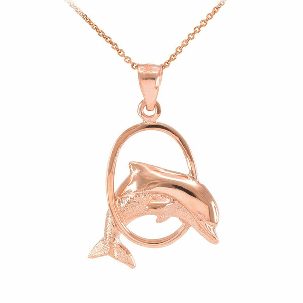 10k Solid Rose Gold Hoop Jumping Dolphin Pendant Necklace