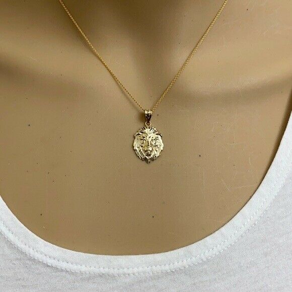 10k Solid Gold Lion's Face Head Animal Textured Detailed Small Pendant Necklace