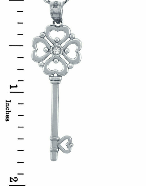 14k White Gold Valentines Special Heart Round Diamond Key Pendant Necklace