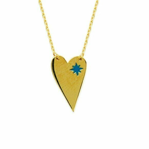 14K Solid Yellow Gold Elongated Heart Blue Star Adjustable Necklace 16"-18"