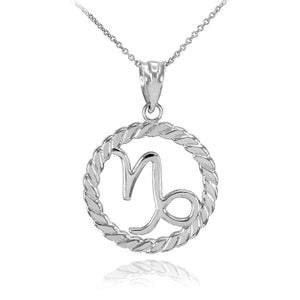 925 Sterling Silver Capricorn Zodiac Sign in Circle Rope Pendant Necklace