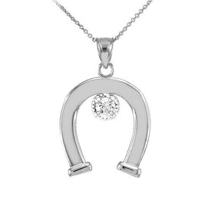 925 Sterling Silver CZ-Studded Lucky Horseshoe Pendant Necklace Made in USA