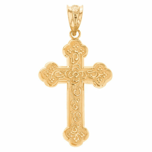 Solid Yellow Gold 14K Greek Orthodox Floral Rose Cross Pendant Necklace