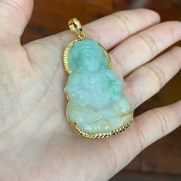 14K Solid Real Gold Natural Jadeite Jade A Kwan Yin Lady Buddha Pendant