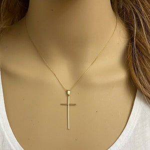 10k Solid Yellow Gold Dainty Thin Simple Long Cross Pendant Necklace