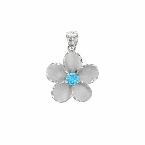 925 Sterling Silver Hawaiian Plumeria Blue CZ Pendant Necklace