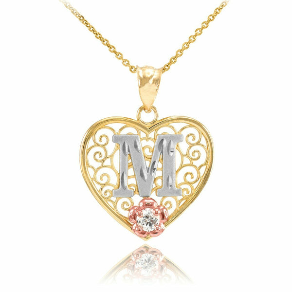 10k Solid Gold Initial Letter M Heart Filigree CZ Pendant Necklace