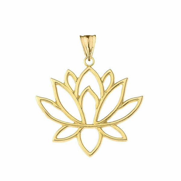 14k Solid Gold Double Sided Lotus Flower Buddism Pendant Necklace