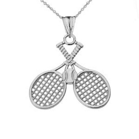 Detailed Tennis Rackets Pendant Necklace Sterling Silver - Made In USA