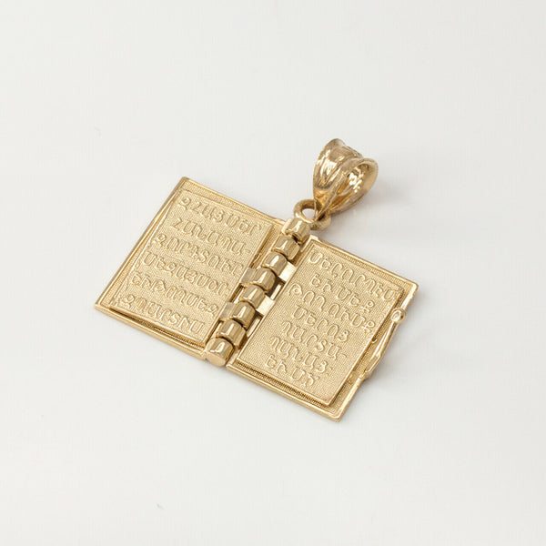 10k Solid Yellow Gold 3D Armenian Holy Bible Book Lords Prayer Pendant Necklace