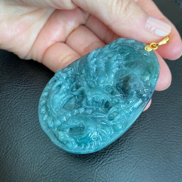 14K Solid Real Gold Carved Dragon Natural Jade Pendant Oval Large Men