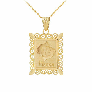 14k Solid Gold Pisces Zodiac Sign Filigree Rectangular Pendant Necklace