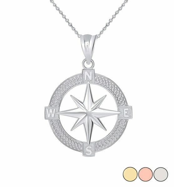 14k Solid White Gold The North Star Nautical Compass Graduation Pendant Necklace