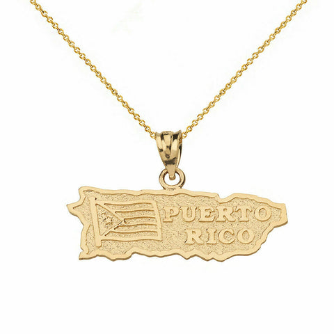 Solid 14k Yellow Gold Puerto Rico Map Flag Pendant Necklace 16" 18" 20" 22"