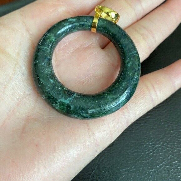14K Solid Gold Green Large Round Natural Jade Pendant Necklace