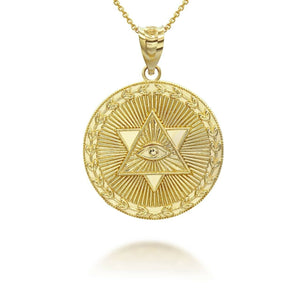 10K Solid Gold Star of David All-Seeing Eye Coin Pendant Necklace