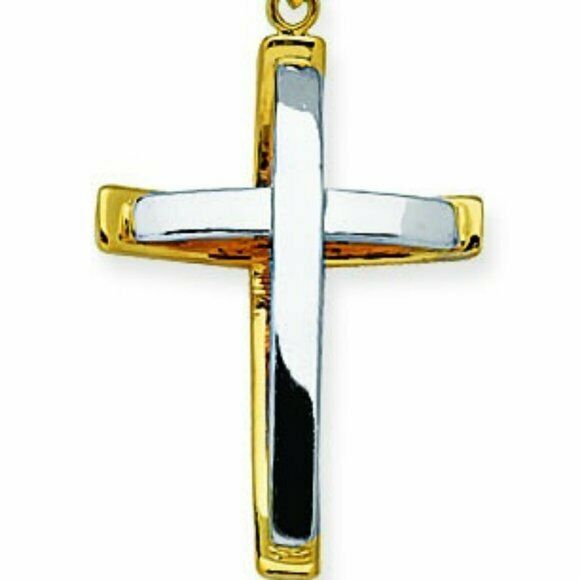 14k Real Gold Two Tone Small Cross Double Sided Pendant Necklace Reversible