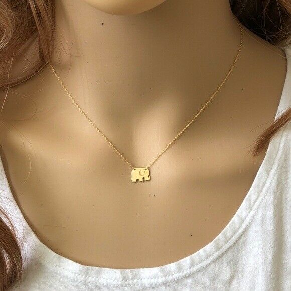 14K Solid Yellow Gold Mini Elephant Pendant Dainty Necklace 16"-18" Adjustable