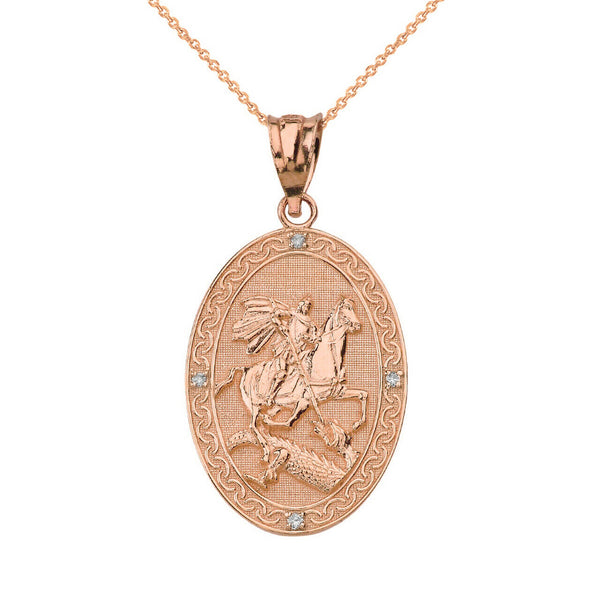 Solid 14k Gold Diamond Saint St. George the Dragon Prayer Oval Pendant Necklace