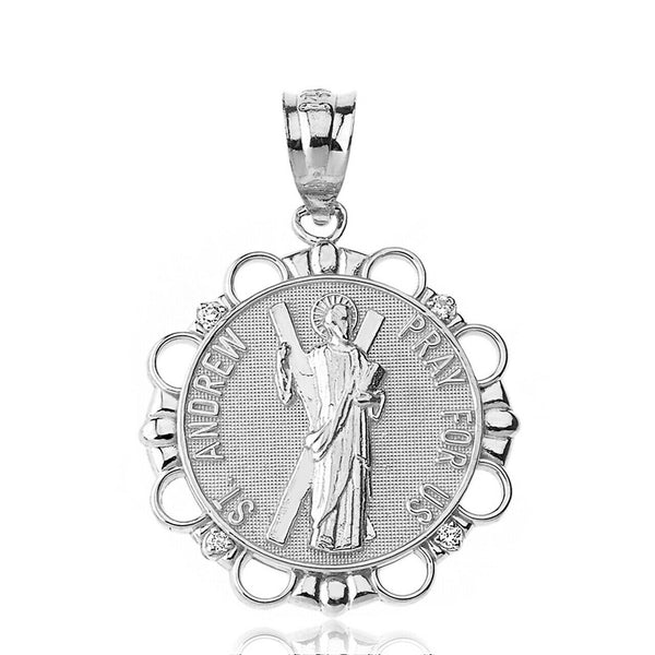 Sterling Silver CZ Saint Andrew Pray For Us Circle Pendant Necklace