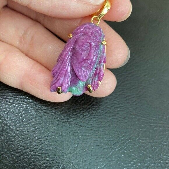 14K Real Solid Gold Natural Ruby Carved Jesus Christ Head Pendant Charm
