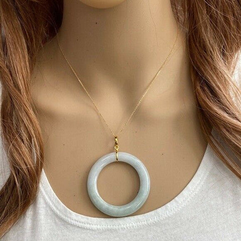 14K Solid Gold Eternity Circle of Life L Round Natural Jade Pendant Necklace