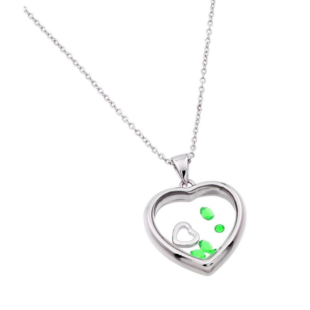 Sterling Silver 925 Birthstone Heart Pendant Necklace month of May - Emerald