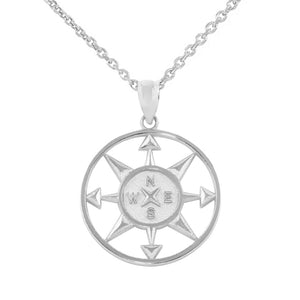 925 Sterling Silver North South East West Compass Travel Open Pendant Necklace