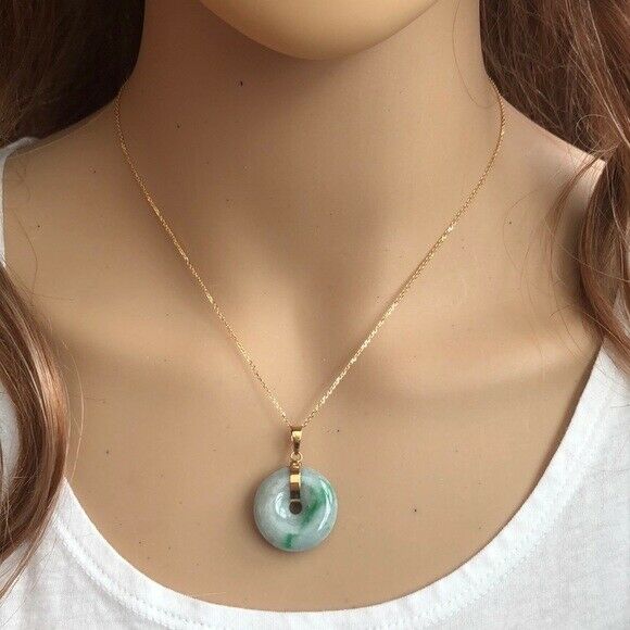 14K Solid Gold Donut Round Natural Jade Pendant / Charm Dainty Adjust Necklace