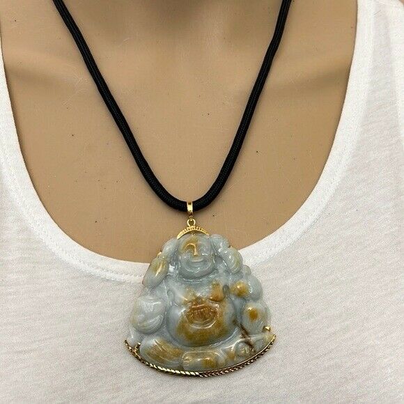 14K Gold Carved Natural Jadeite Jade Laughing Buddha Pendant Big Heavy Buddhist