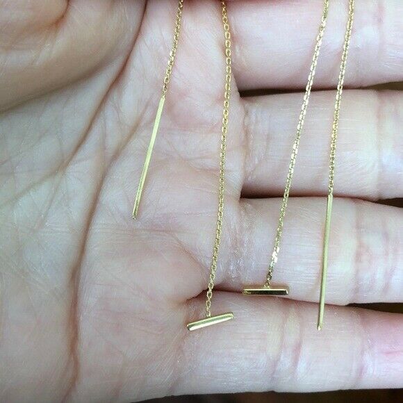 14K Solid Yellow Gold Mini Bar Cable Chain Threader Earrings