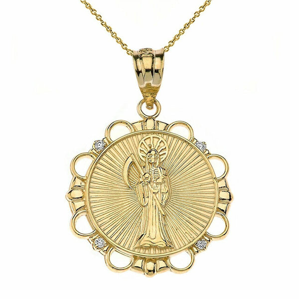 Solid 14k Yellow Gold Gold Diamond Santa Muerte Circle Pendant Necklace