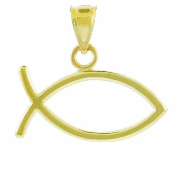 14k Solid Real Yellow Gold Ichthus Fish Horizontal Pendant Necklace