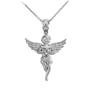 925 Sterling Silver Textured Angel Praying Hands Wings Pendant Necklace Made USA