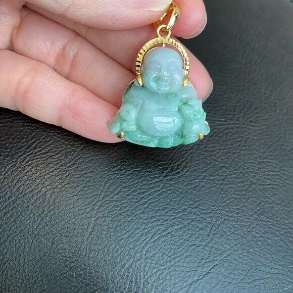 14K Solid Real Gold Natural Jadeite Jade Happy Laughing Buddha Pendant Male